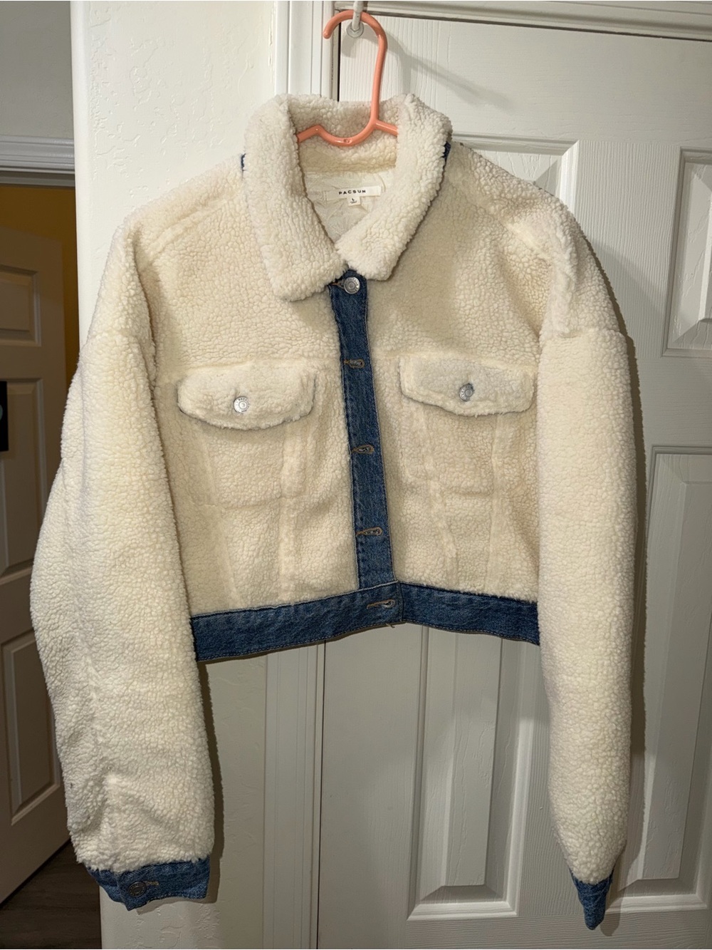 PACSUN Sherpa Denim-Trim Jacket in Cream